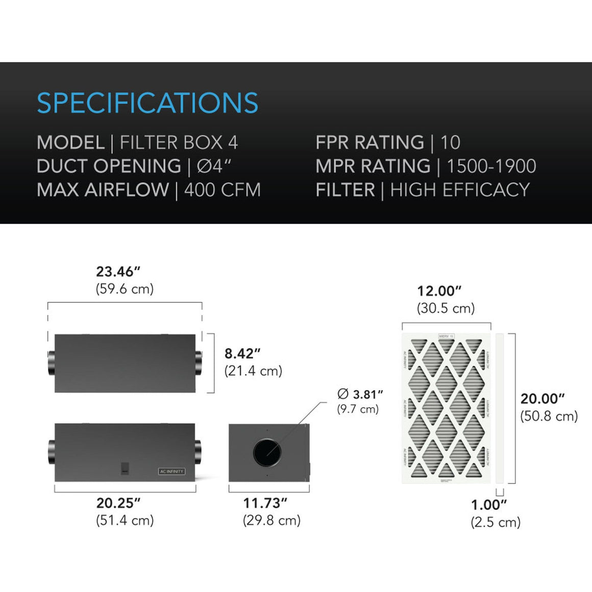 AC Infinity AC Infinity 4" High Efficacy Air Filter Box Specs