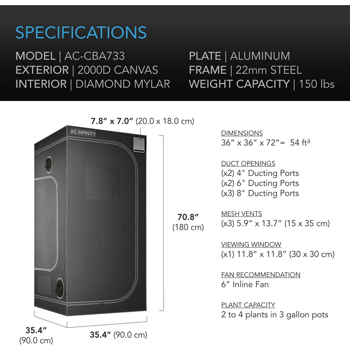 AC Infinity AC Infinity Cloudlab 733 3' x 3' x 6' Hydroponic Grow Tent