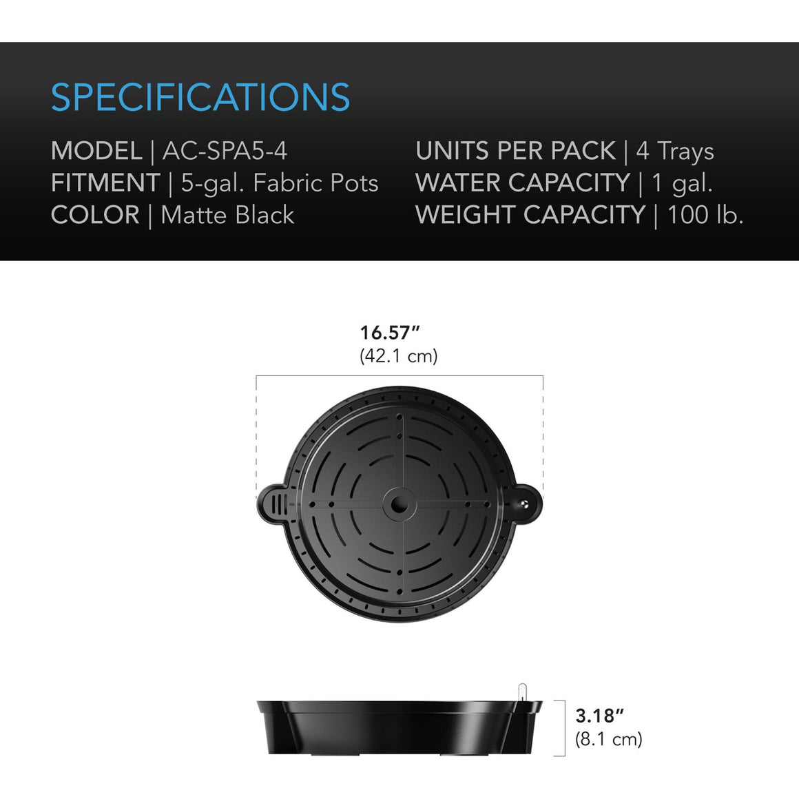 AC Infinity Self-Watering Fabric Pot Base (Four-Pack) Specs