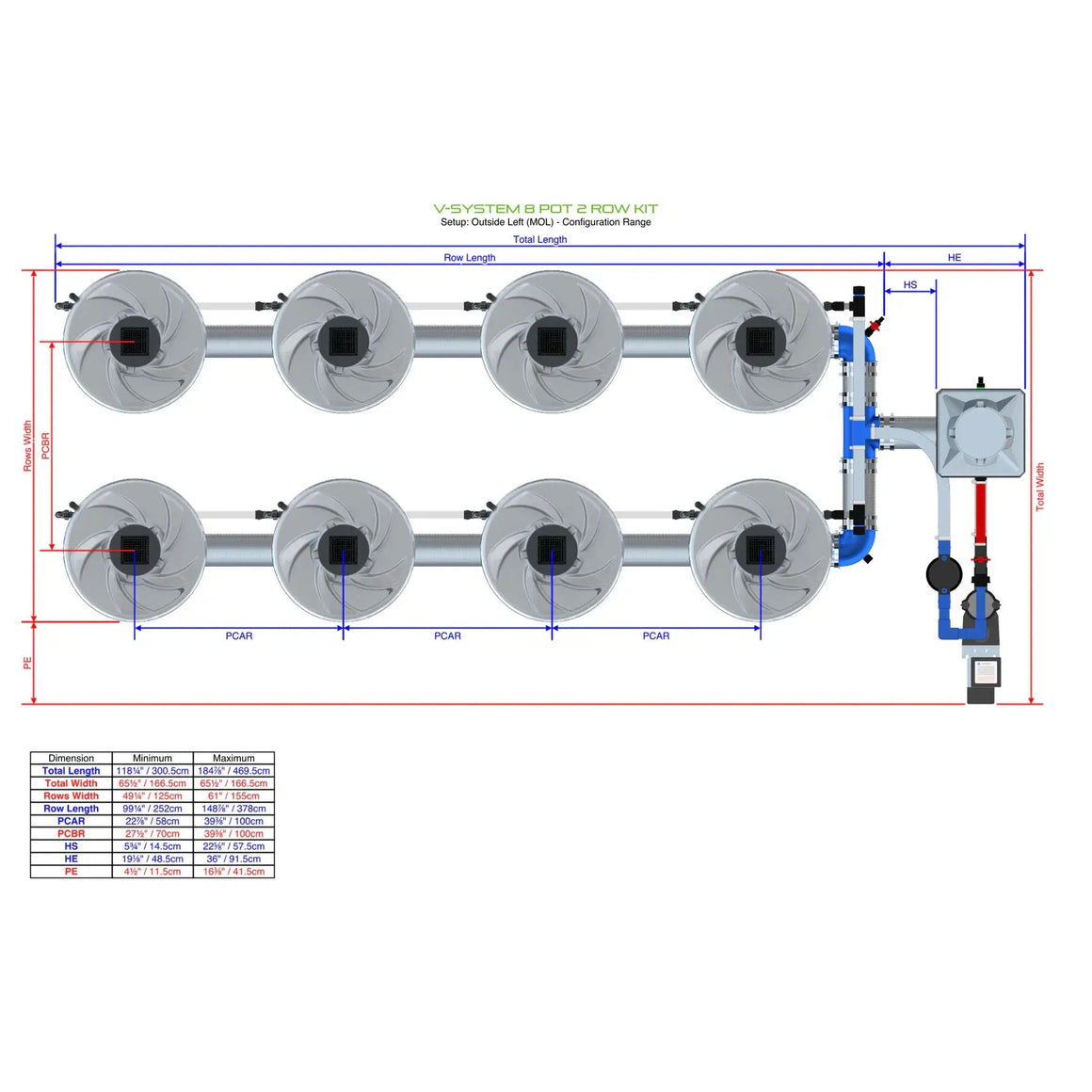 Alien Hydroponics V-System DWC - 8 Pot 2 Row