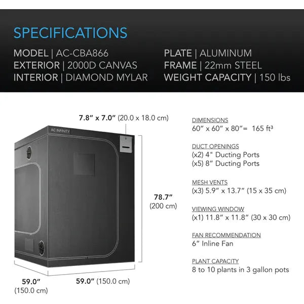 5x5 grow tent complete kit AC Infinity 5x5 CLOUDLAB 866 Advance Grow Tent 60"x60"x80"