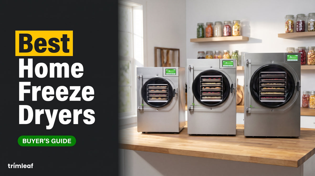 Harvest Right Small, Medium and Large home freeze dryers side by side on a kitchen counter
