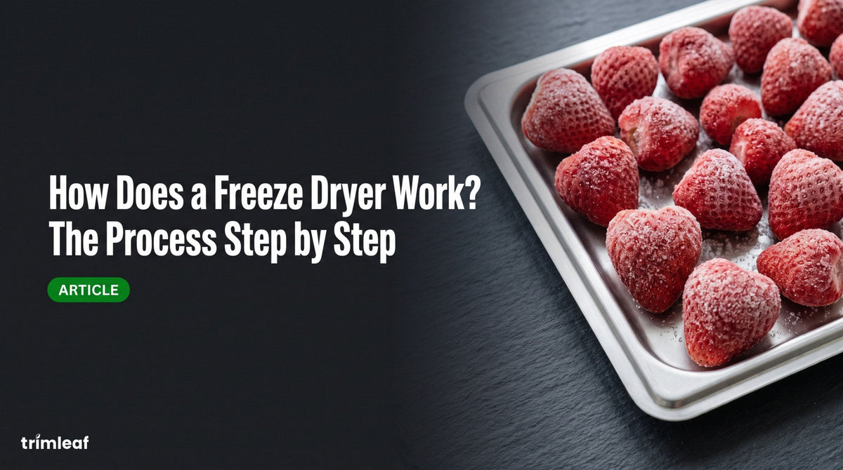 Frozen strawberries on a stainless steel freeze dryer tray