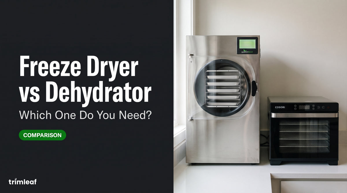 A Harvest Right home freeze dryer beside a Cosori countertop food dehydrator on a kitchen counter