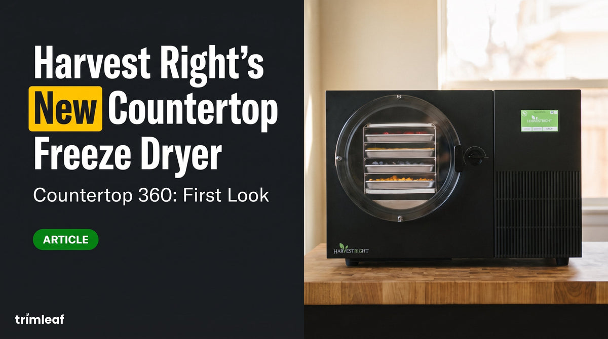 Black Harvest Right Countertop 360 freeze dryer on a butcher block kitchen counter, with the headline beside it