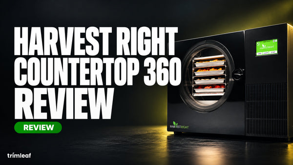 Black Harvest Right Countertop 360 freeze dryer with four loaded trays behind the round door, beside the title Harvest Right Countertop 360 Review