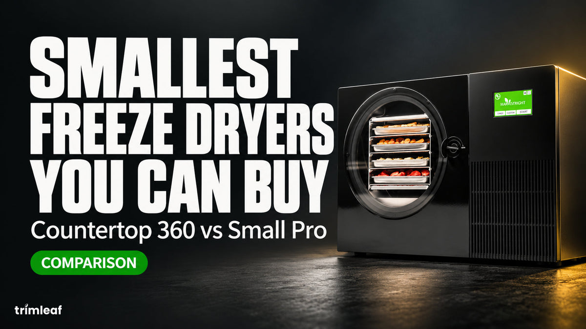 Black Harvest Right Countertop 360 freeze dryer with loaded trays, beside the title Smallest Freeze Dryers You Can Buy