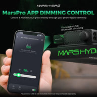 MarsHydro app on a phone controlling a grow light's dimming via Bluetooth.