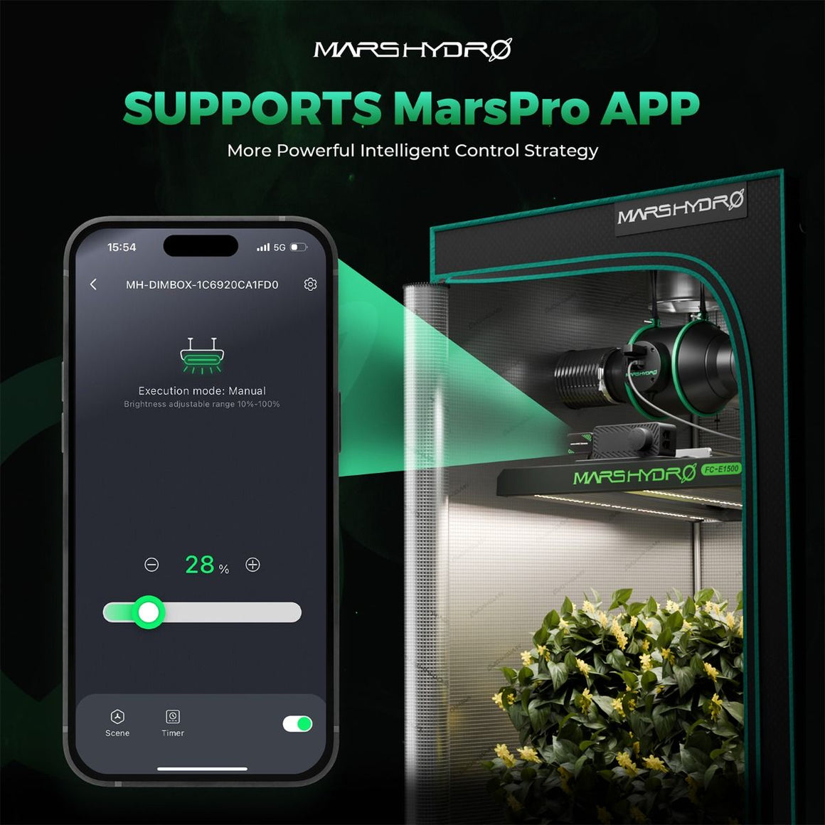 MarsHydro grow tent with app-controlled lighting system and plant.