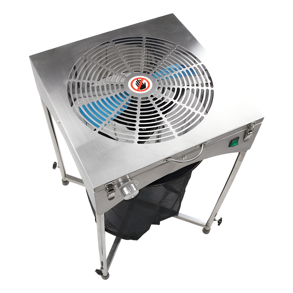 Stainless steel tabletop motor-driven trimmer with a large fan, safety grill, control knob, and mesh collection bag.