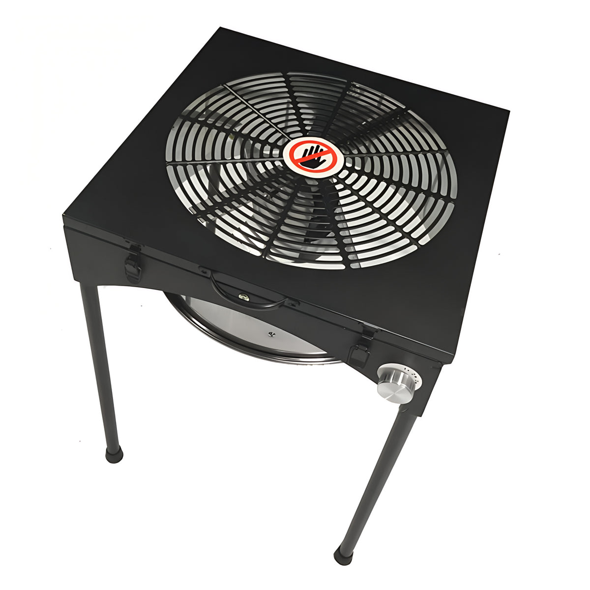 Black tabletop motor-driven trimmer with large fan grill, warning symbol, and control knob on a stand.