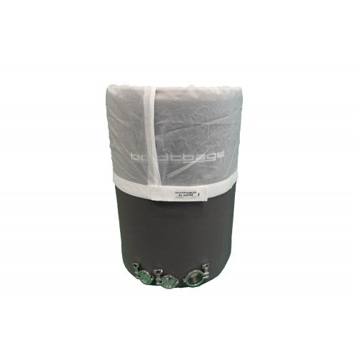 30-gallon dark grey tank with white translucent disposable liner, tri-clamp ports, and 'botbags' logo.