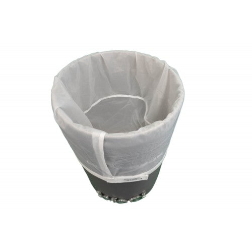 30 gallon grey lock top barrel with a white translucent mesh filter bag liner inside, product shot.