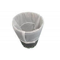 30 gallon grey lock top barrel with a white translucent mesh filter bag liner inside, product shot.