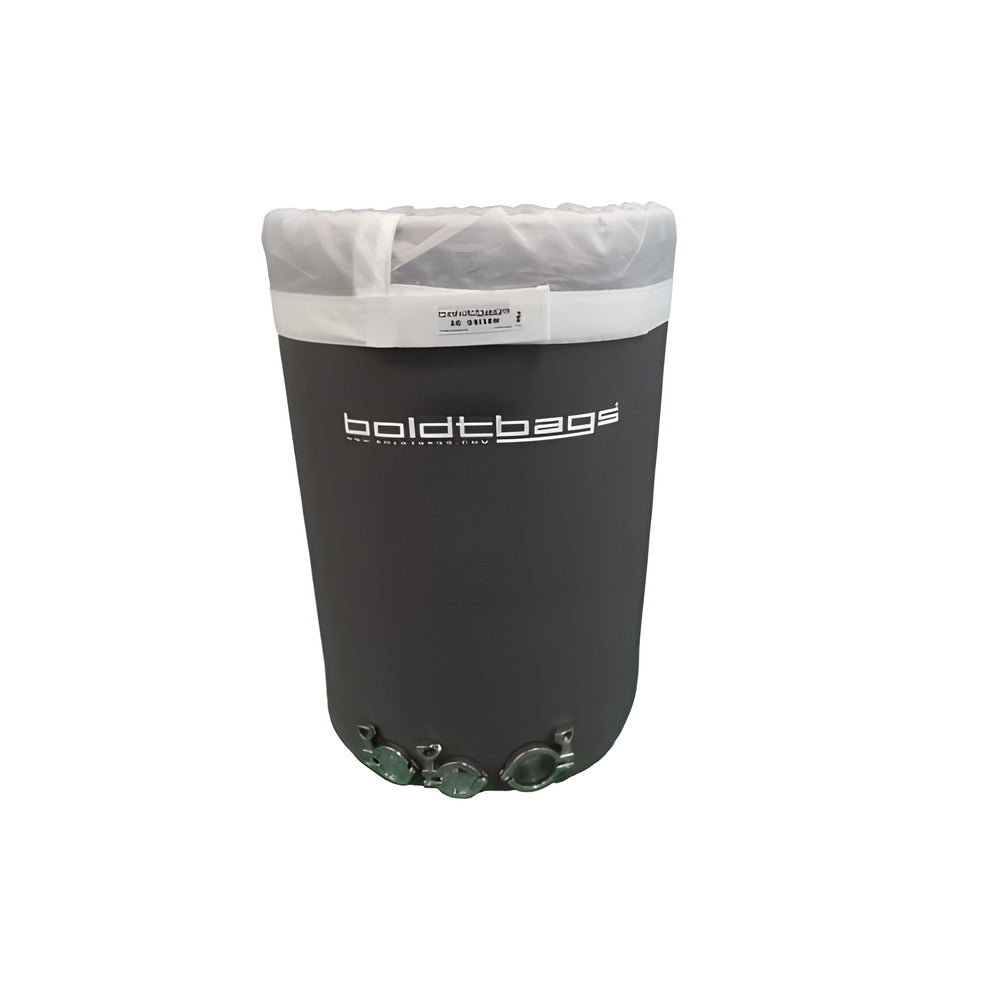 Dark grey Boldtbags cylindrical container with a white band, translucent inner liner, and three bottom metal ports.