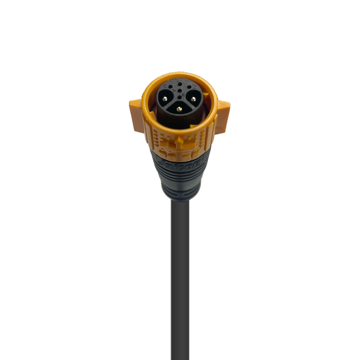 Hummel 3-pin waterproof industrial circular electrical connector, orange and black, on a black cable, white background.