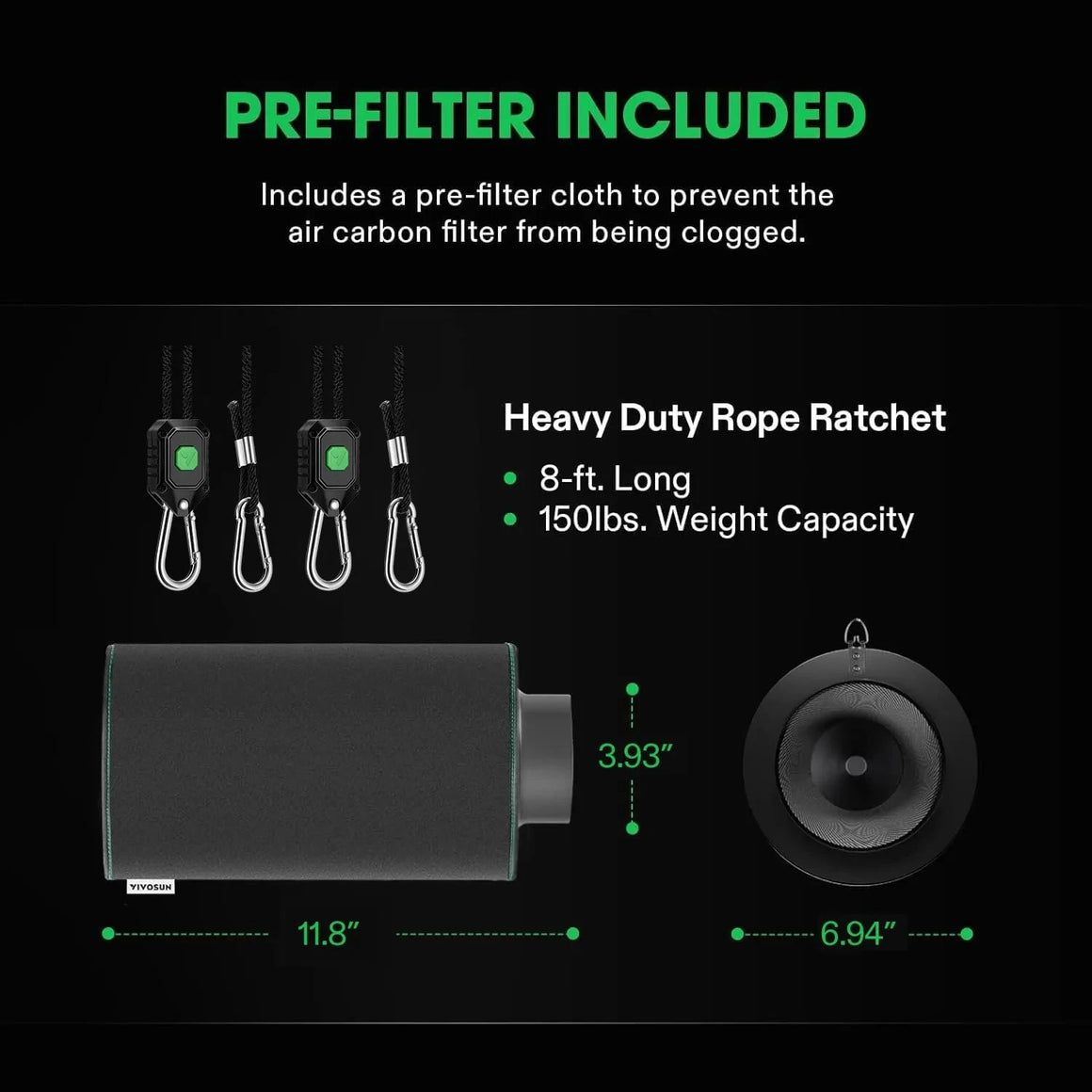 VIVOSUN 4-inch air carbon filter for odor control with black pre-filter, 11.8" long, 3.93" diameter, rope ratchets, and a 6.94" fan.