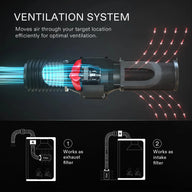 Diagram of a 4-inch black inline ventilation system with carbon filter, showing internal airflow and exhaust/intake setups.