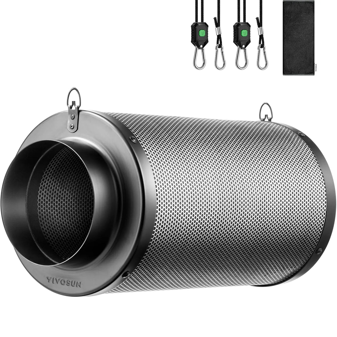 Black VIVOSUN 4-inch air carbon filter with perforated metal casing, two rope hangers, and a black pouch.