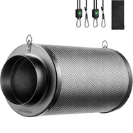 Black VIVOSUN 4-inch air carbon filter with perforated metal casing, two rope hangers, and a black pouch.