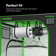 VIVOSUN grow tent interior with white pre-filter on carbon filter, inline fan, ducting, LED grow lights, and controller.