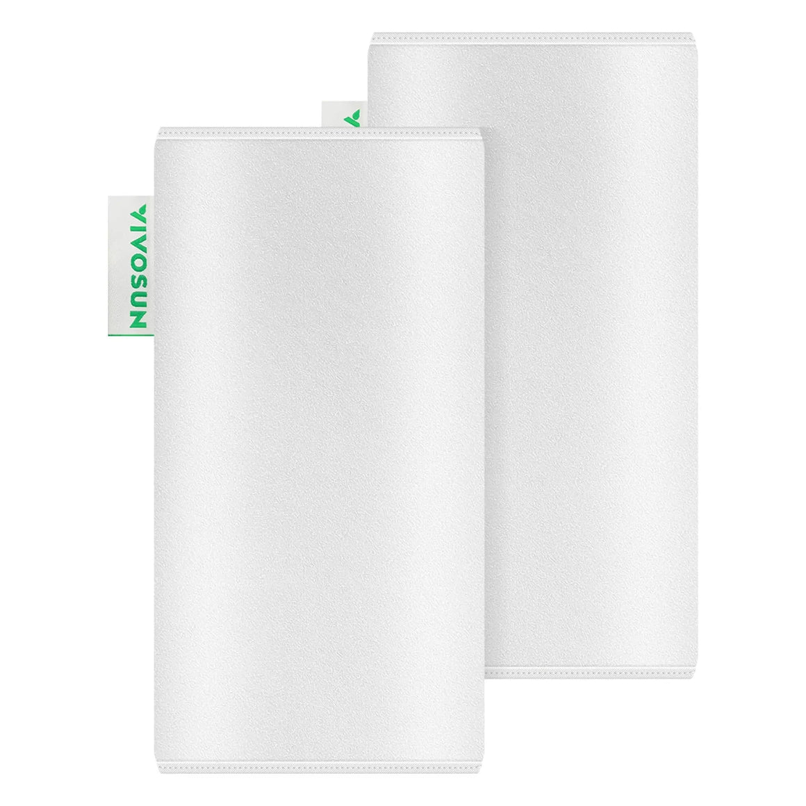 Pair of white VIVOSUN 4-inch pre-filters for carbon filters, textured fabric with dotted stitched hems.