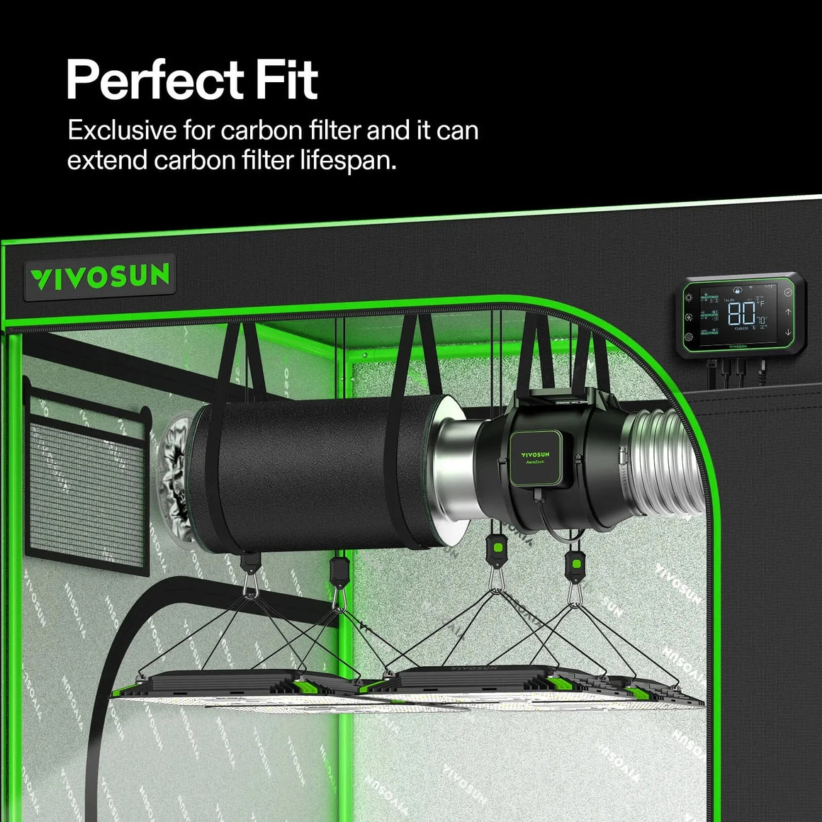 VIVOSUN grow tent interior with carbon filter, AeroZesh inline fan, LED grow lights, and a digital climate controller.