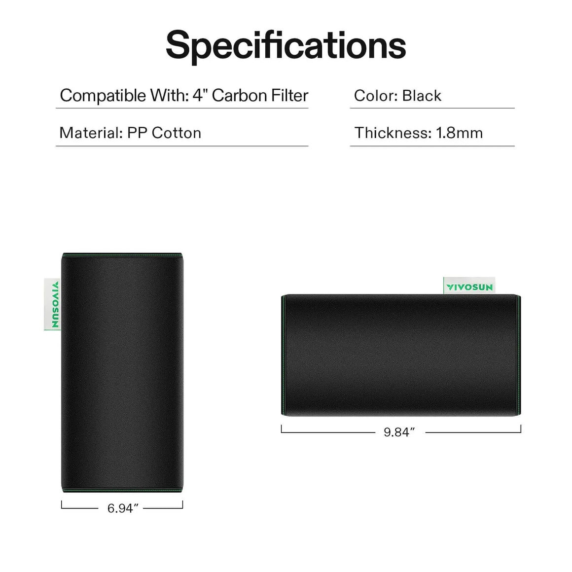 Black VIVOSUN 4-inch prefilter for carbon filters, PP cotton, showing dimensions (6.94", 9.84") & 1.8mm thickness.