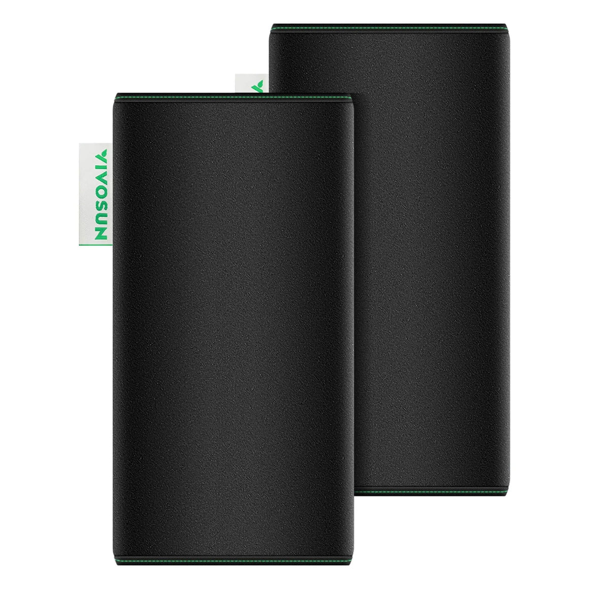 Pair of VIVOSUN 4-inch black pre-filter sleeves with textured fabric and green stitching, for carbon filters.