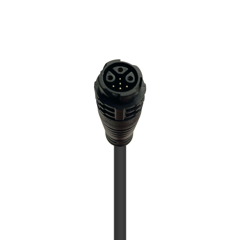 Black 5-pin female circular electrical connector with cable, isolated on a white background.