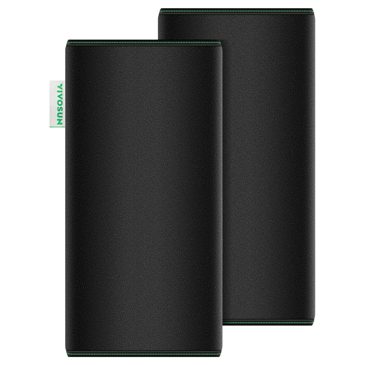 Two black VIVOSUN 6-inch pre-filters with textured surfaces, green stitching, and a vertical VIVOSUN brand label.