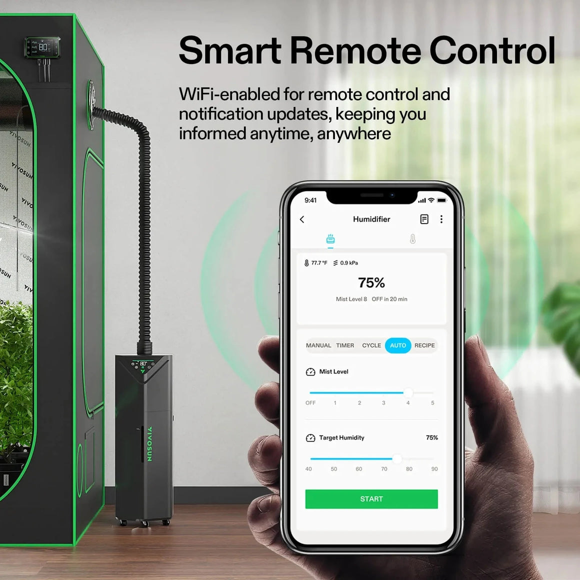Smartphone app remotely controls a VIVOSUN humidifier connected to a grow tent, showing mist level and 75% target humidity.