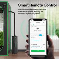 Smartphone app remotely controls a VIVOSUN humidifier connected to a grow tent, showing mist level and 75% target humidity.