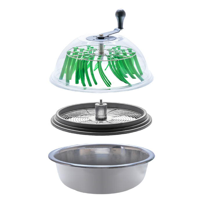Green bean slicer with rotating crank, cutting mechanism, and metal bowl, disassembled.
