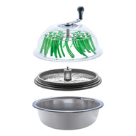 Green bean slicer with rotating crank, cutting mechanism, and metal bowl, disassembled.