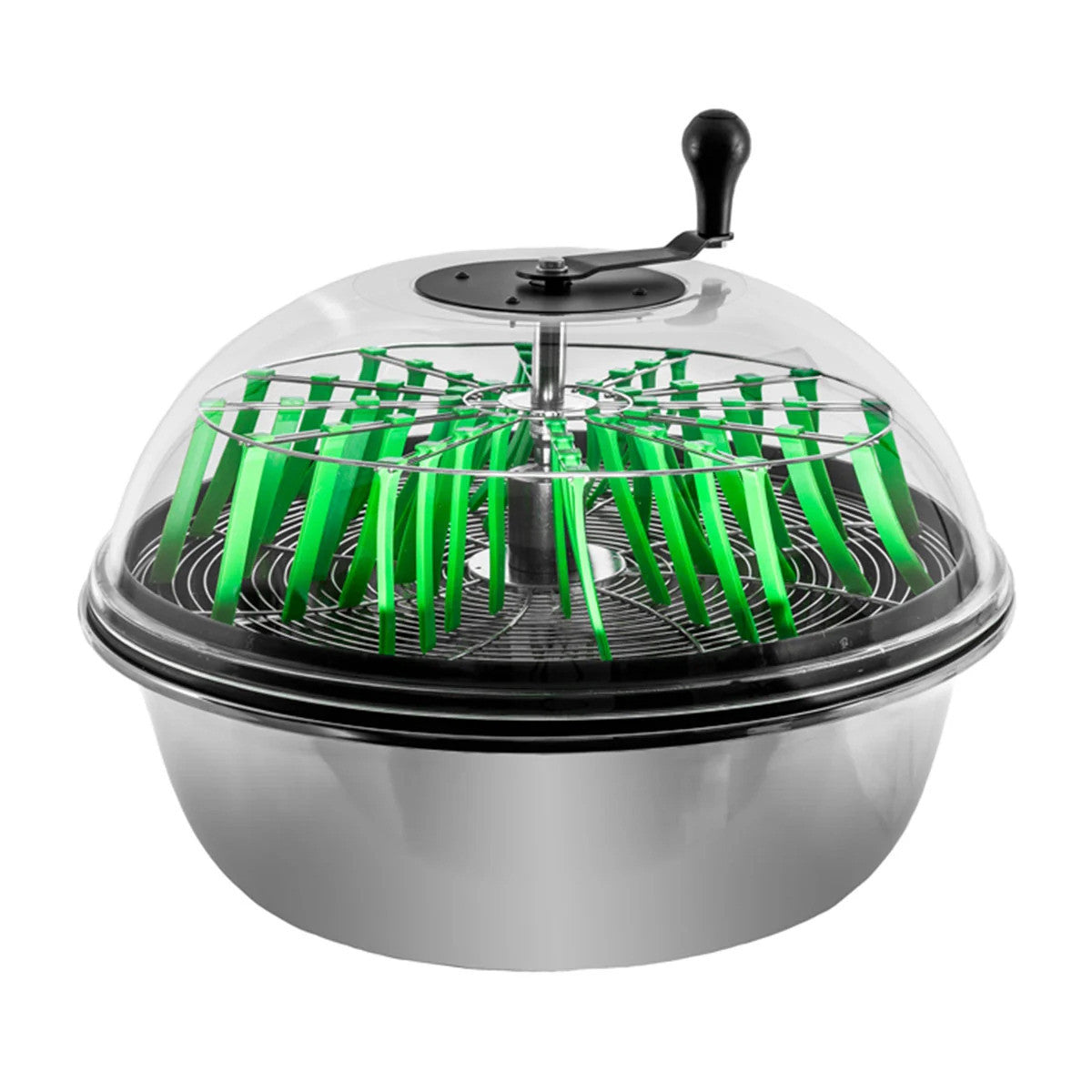 Stainless steel salad spinner with clear lid and green blades, close-up view.