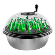 Stainless steel salad spinner with clear lid and green blades, close-up view.