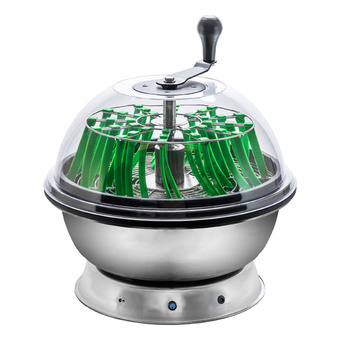 Stainless steel and clear dome herb stripper with green blades.