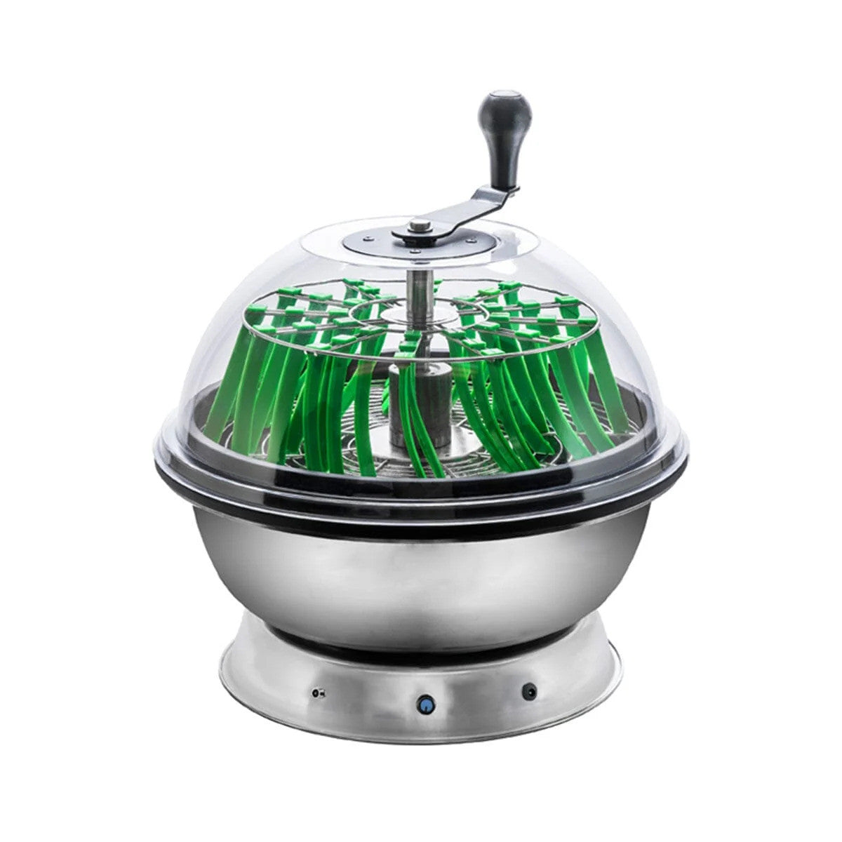 Stainless steel and clear dome herb stripper with green blades.
