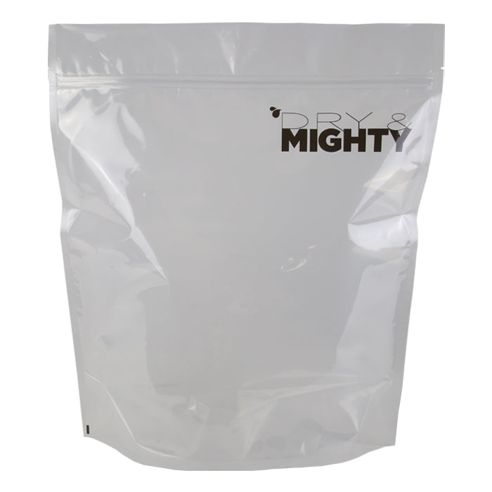 Translucent stand-up pouch with zipper seal and 'DRY & MIGHTY' logo on clear plastic packaging.