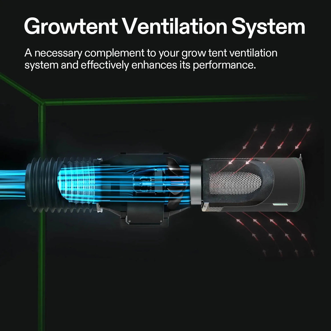 Black grow tent ventilation system diagram with an inline fan, flexible duct, and carbon filter showing blue airflow and red exhaust.
