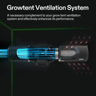 Black grow tent ventilation system diagram with an inline fan, flexible duct, and carbon filter showing blue airflow and red exhaust.
