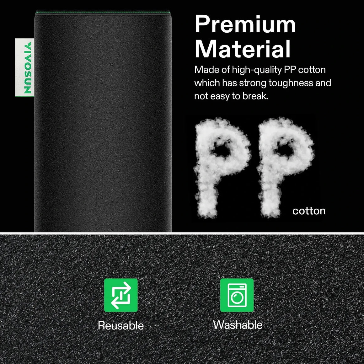 Black VIVOSUN 8-inch pre-filter highlighting "Premium PP cotton" material, reusable, and washable features.