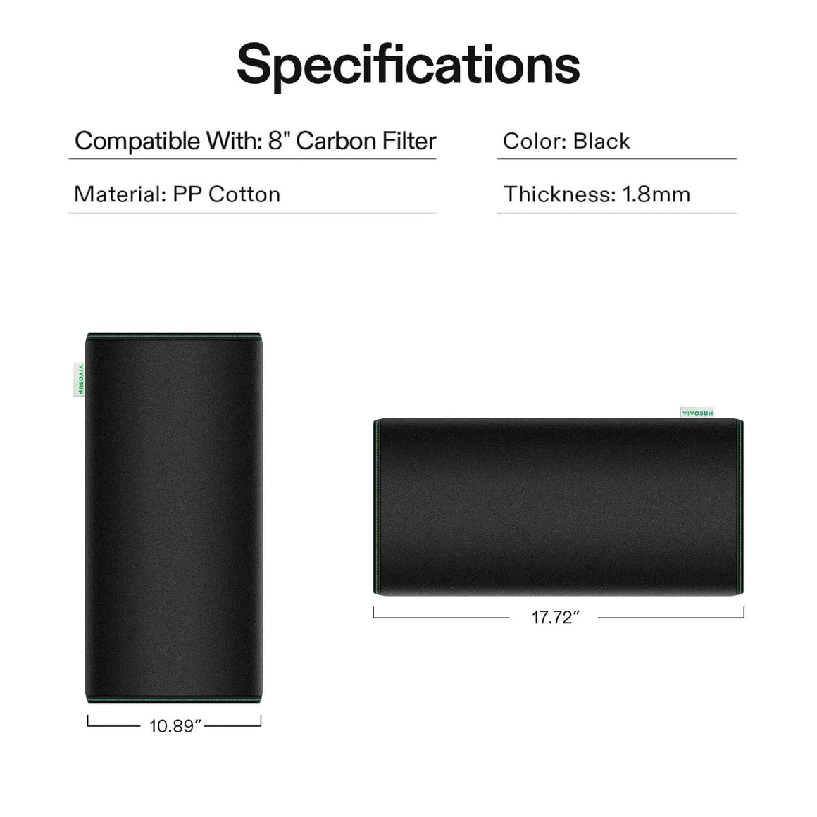 Black PP cotton pre-filters for 8-inch carbon filter. Shows one 10.89" wide and one 17.72" long filter. 1.8mm thick.