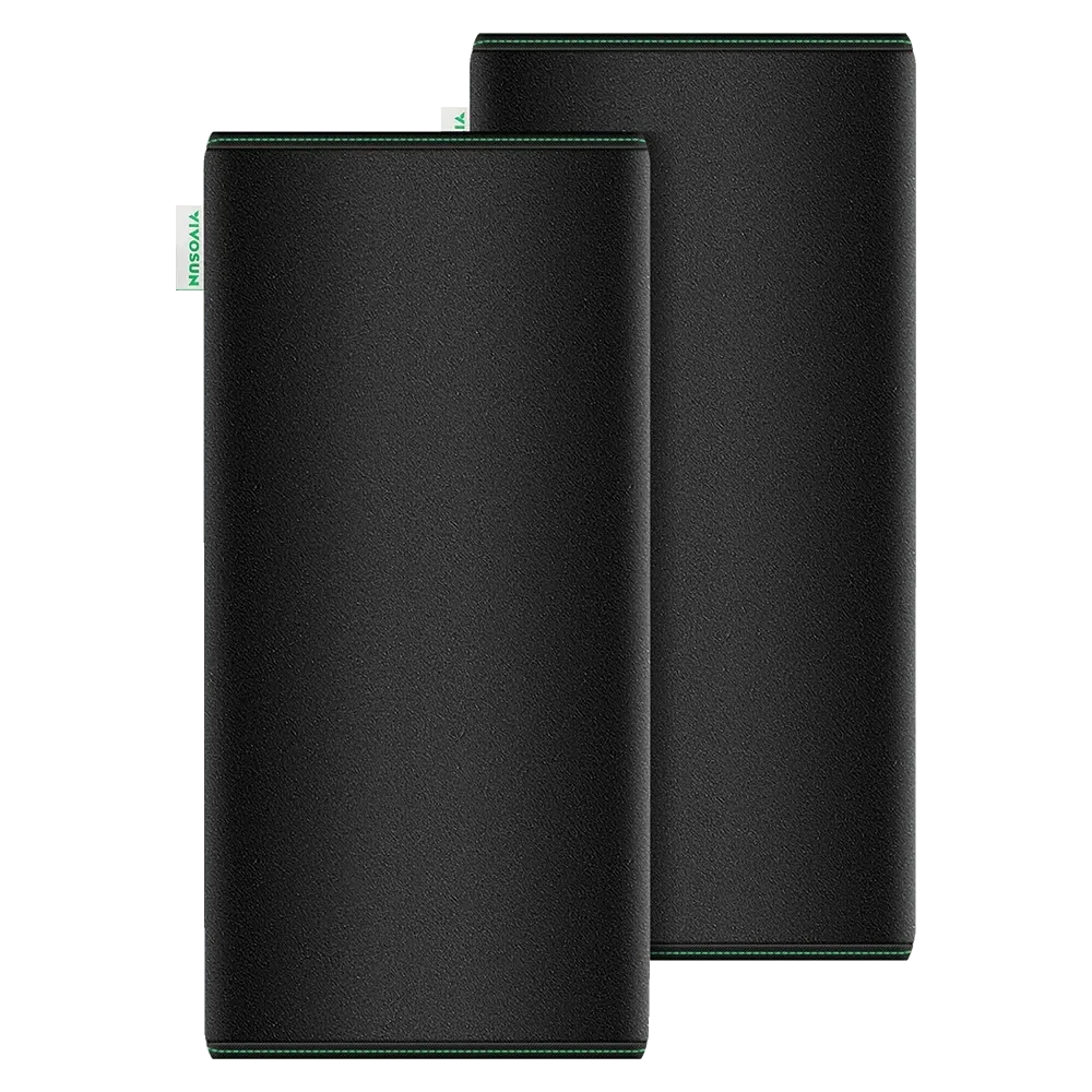 Two black 8-inch VIVOSUN pre-filters for carbon filters, textured with green stitching, 2-pack.