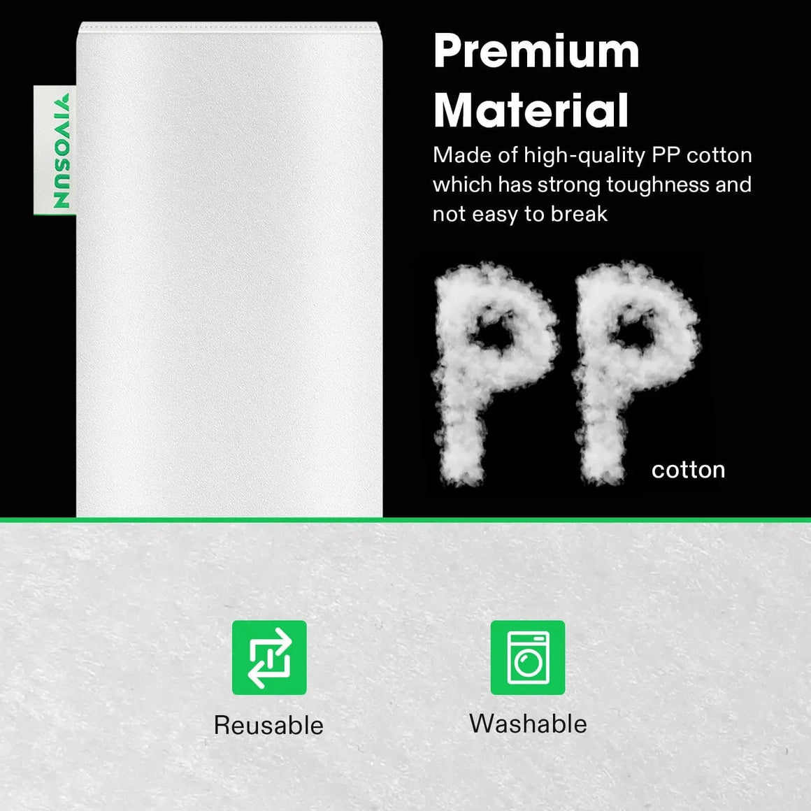 VIVOSUN 8-inch white pre-filter with green tag. Premium PP cotton, durable, reusable, and washable material shown.
