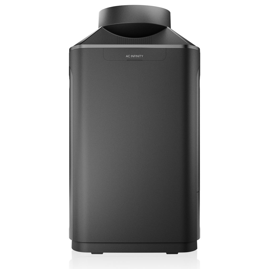 Black AC Infinity HYDRONE 7 Plant Dehumidifier, sleek rectangular unit with rounded edges and cylindrical top.