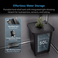 AC Infinity 13-gallon water reservoir with plant, wheels, and lid port for hydroponics.