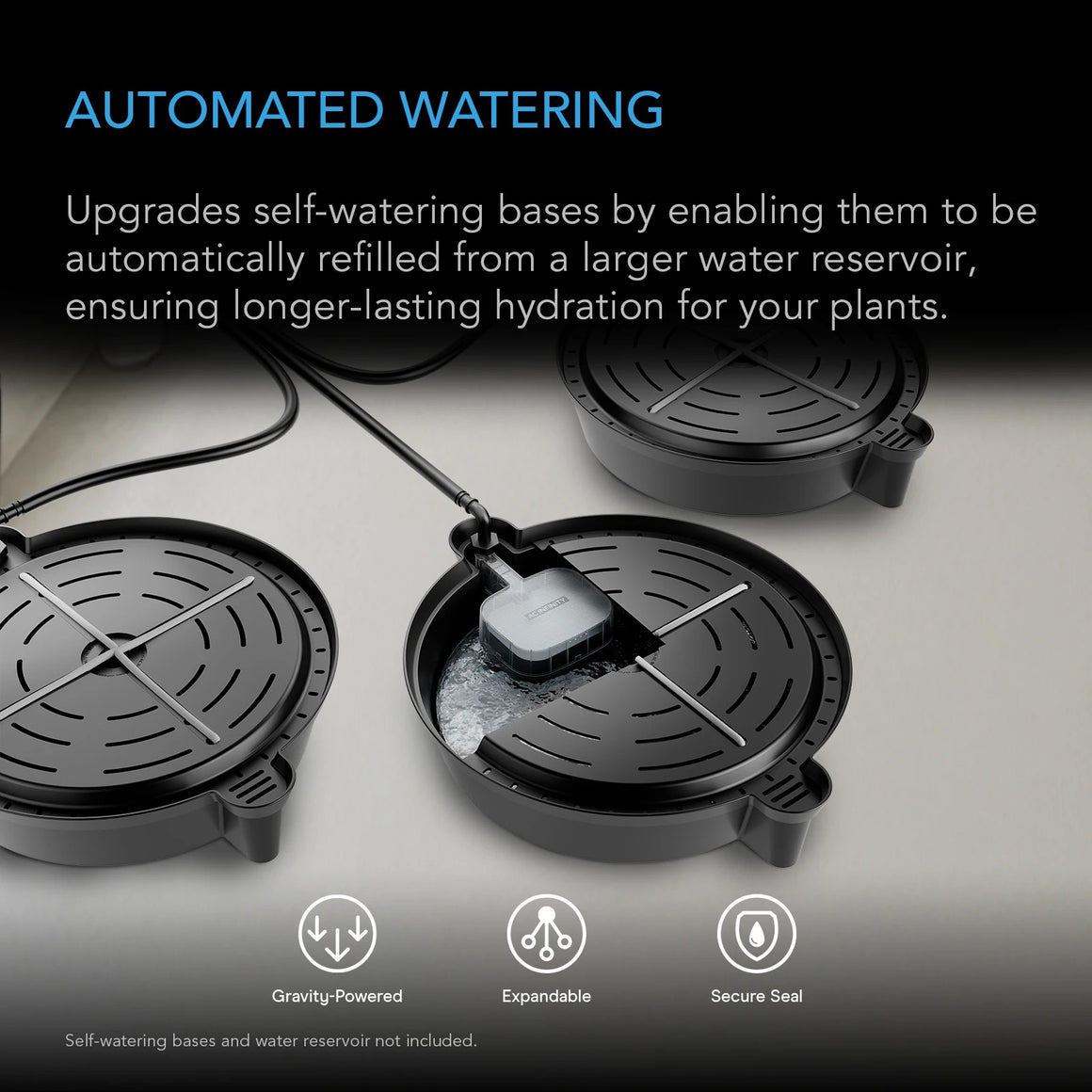 AC Infinity auto-fill valves connect to self-watering bases, refilling them from a larger reservoir for automated plant hydration.
