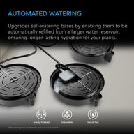 AC Infinity auto-fill valves connect to self-watering bases, refilling them from a larger reservoir for automated plant hydration.